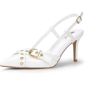Women's White Slingback Kitten Heels Pointed Toe Dress Pumps Shoes Party Work